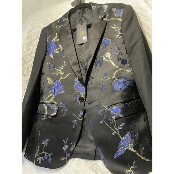 Cloudstyle Men's Dinner Jacket Blue and Gold Embroidered On Silky Black Sz Small - Picture 8 of 16
